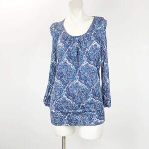 2/$30 Talbots Small Womens Blue Boho Print Knit Long Sleeve Top